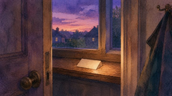 Mid-shot of a folded note resting on a wooden windowsill inside an open doorway at dusk, evening light beyond