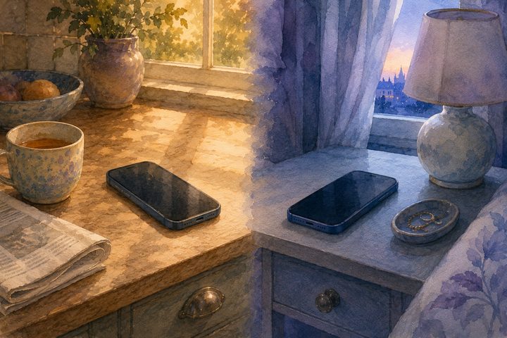 Two phones at rest on two different surfaces in two different cities, one in warm afternoon light and one in cool dawn light