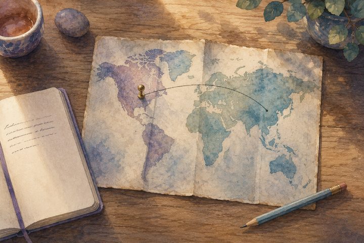 A small worn world map on a wooden desk, a single brass pin pressed into one continent and a pencil arc reaching toward another