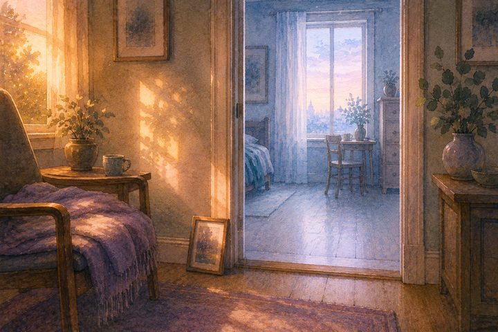 A view through a doorway from a warm afternoon room into a paler dawn room, the same home held at two different hours