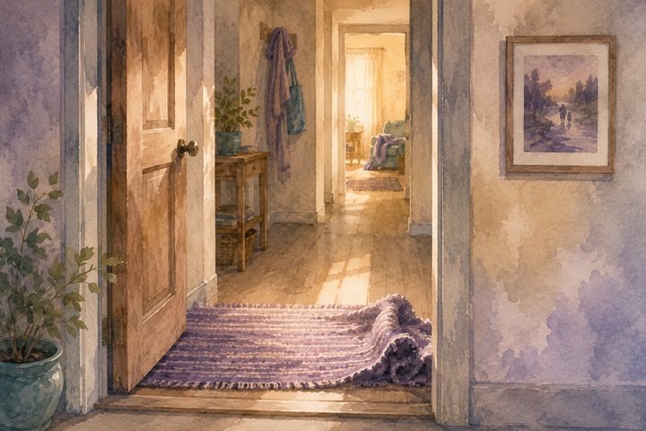 A view from a doorway into a softly lit apartment hallway with a small woven rug bunched at the threshold and a framed photograph on the wall in late afternoon light