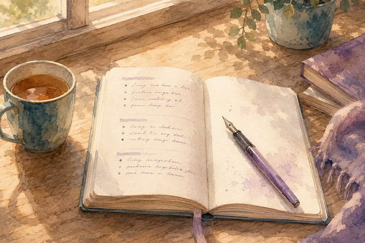 A notebook open on a wooden table with three short bulleted sections written in fountain pen beside a small mug of tea in afternoon light