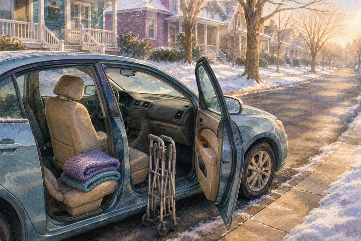 A car at the curb in winter light with the passenger door open, a folded walker resting against it, and a knit blanket on the seat