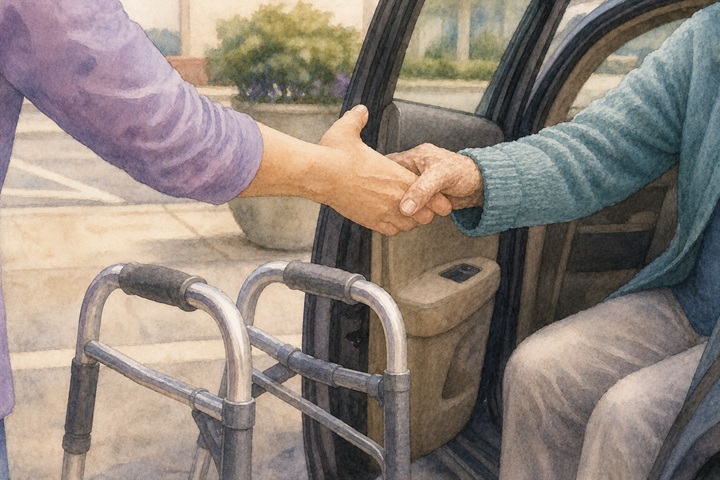A forearm offered to a hand gripping it from a car seat with an unfolded walker waiting in front, in overcast parking-lot light