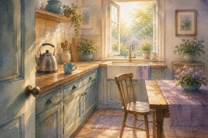A quiet sunlit kitchen seen from the doorway with one mug on the counter and a chair pulled out, calm and watchful watercolour