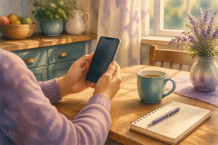Hands seen from behind holding a phone at a kitchen table while making a calm call for help, watercolour