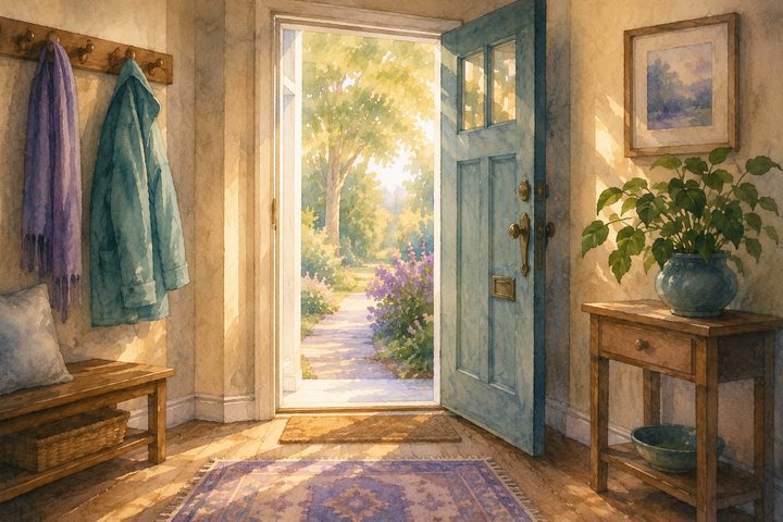 An open front door from inside a warm entryway with soft daylight and a coat on a hook, a safe home, watercolour