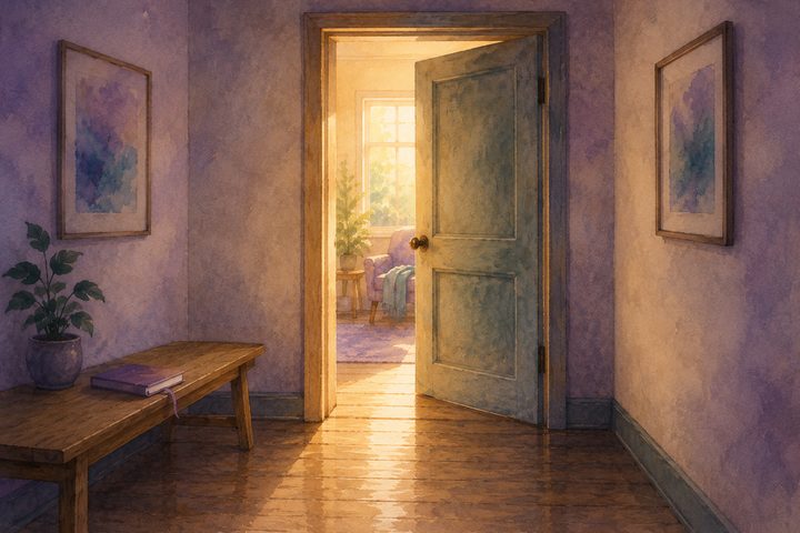 A wooden interior door stands slightly ajar at the end of a quiet community center hallway, warm light spilling across the worn floor