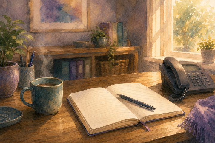 An open notebook with a pen across it on a desk beside a phone handset and a steaming mug, the workspace of someone about to record a concern