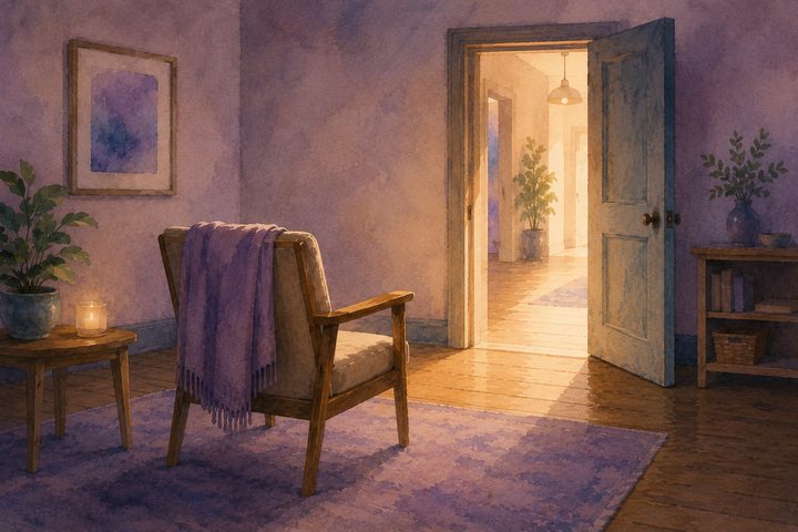 An empty chair with a folded shawl draped over the back, pulled to face an open doorway in a quiet community center room