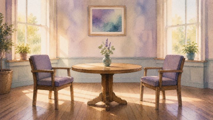 Wide eye-level of two mirrored wooden chairs facing each other across a round table with a centred vase, balanced morning light
