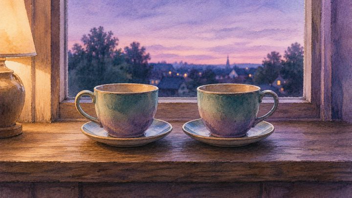 Mid-shot at dusk of two identical teacups side by side on a deep wooden windowsill, evening light outside and lamplight inside