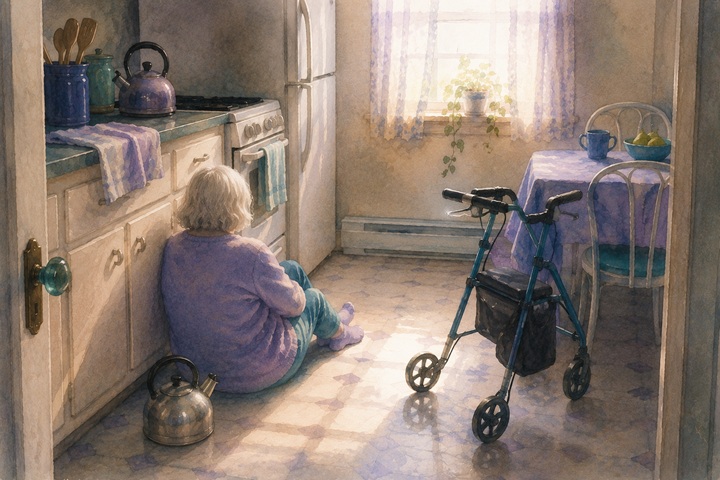 An older woman sits quietly on the kitchen floor next to her walker after a fall, light from the window over her shoulder