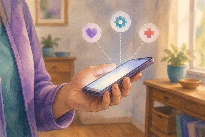 A worker's hand holds a phone at chest height with three soft icons suggesting the choice between advocate, iCaria Support, and emergency services