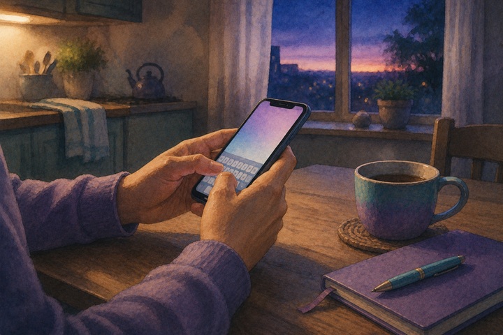 A worker's hands type a short visit note on a phone at the kitchen table at twilight, a cup of tea cooling beside them
