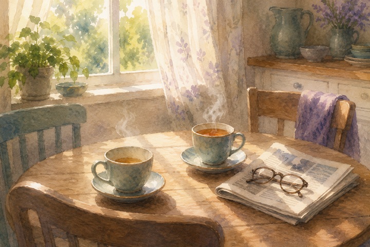 Two cups of tea on a small kitchen table in soft morning light, an unhurried companionable scene