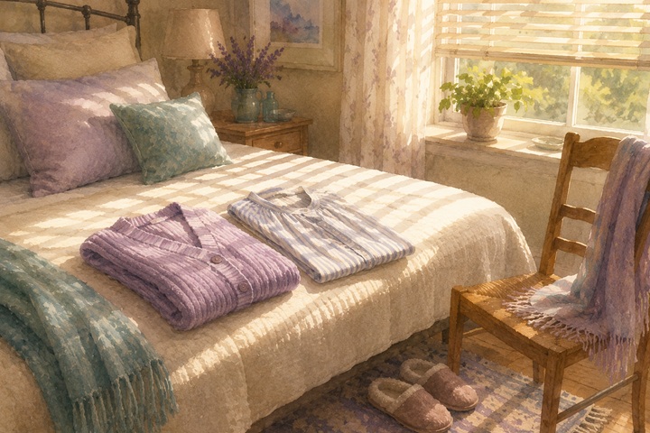 Two clothing options laid out on a bed beside a wooden chair, offering a choice in morning light