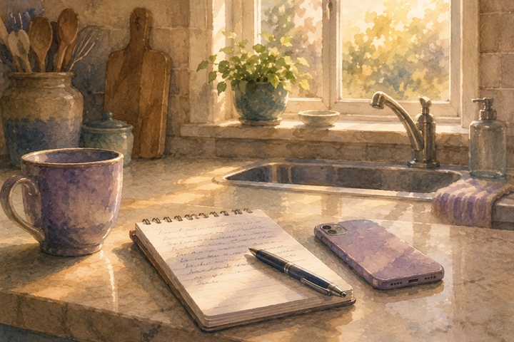 An open notepad with a pen and a face-down phone on a sunlit kitchen counter at the end of a shift
