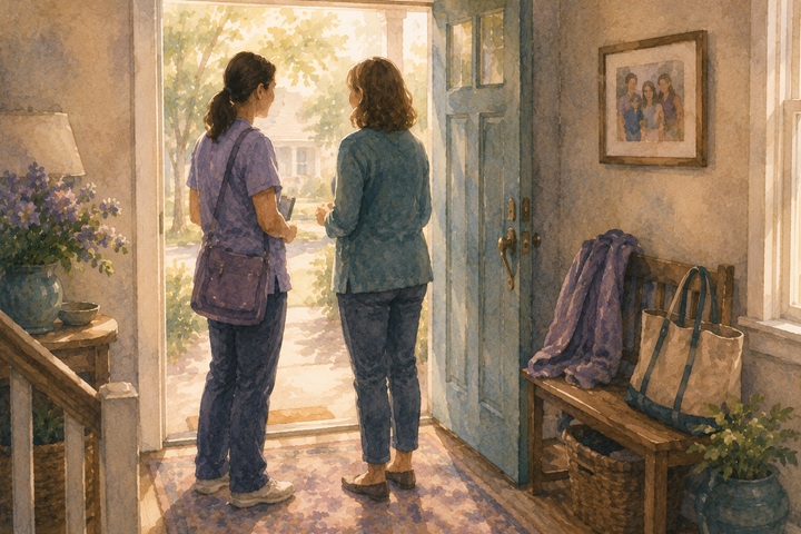 A service provider and a family member stand near an open doorway in a warm entryway, exchanging a brief handoff at the end of a visit