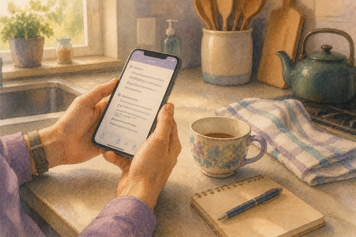A provider's hands hold a phone showing a visit-note draft on a kitchen counter beside a teacup and dish towel in afternoon light