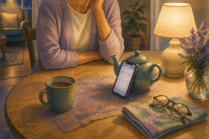 A family member sits at a softly lit dining table in the evening, reading a visit note on a phone propped against a teapot